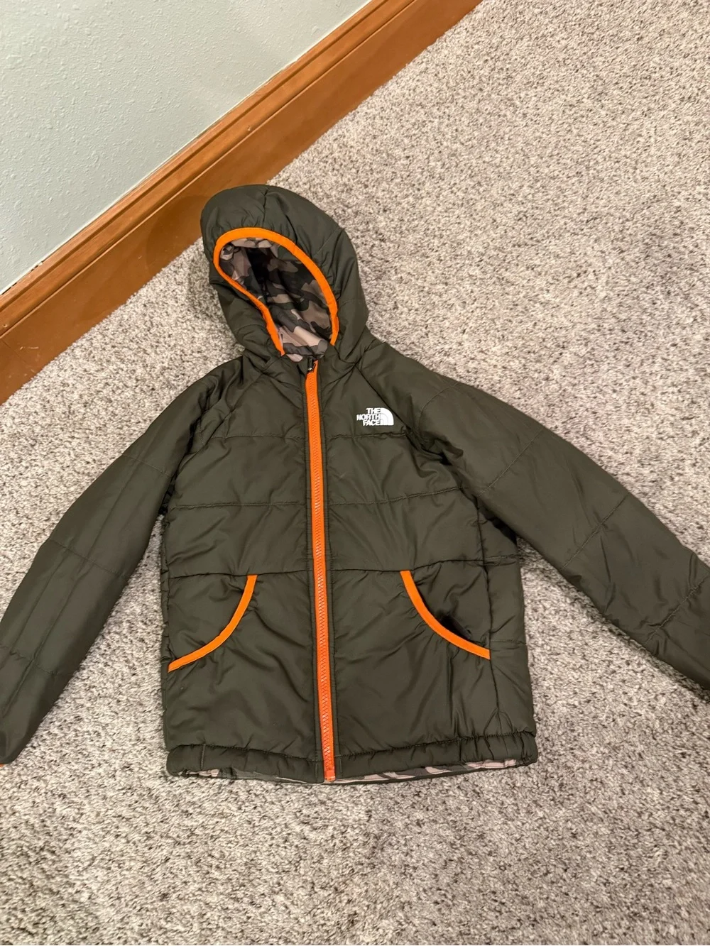The North Face Kids Camouflage Puffer Jacket with Orange Trim